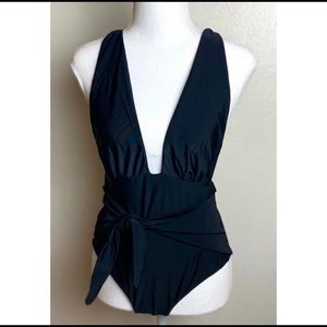 Black Deep V-Neck One Piece Swimsuit